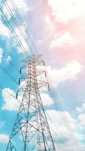 High Voltage Post Isolated On Blue Sky Background.Electricity Transmission Line.  