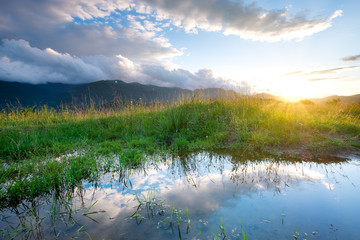 Wall Mural - lake and reflection at the water surface. natural landscape at the morning time