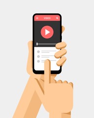Wall Mural - Hand holds the smartphone and watching a video clip on the screen. Flat vector modern phone mock-up illustration
