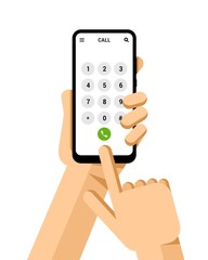 Wall Mural - Hand holds the smartphone with keyboard on the screen. Flat vector modern phone mock-up illustration