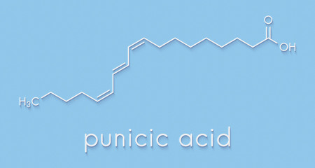 Sticker - Punicic acid (trichosanic acid) molecule. Fatty acid present in pomegranate (Punica granatum). Skeletal formula.