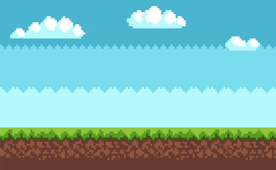 Landscape Pixel Art Style Blue Sky, White Clouds