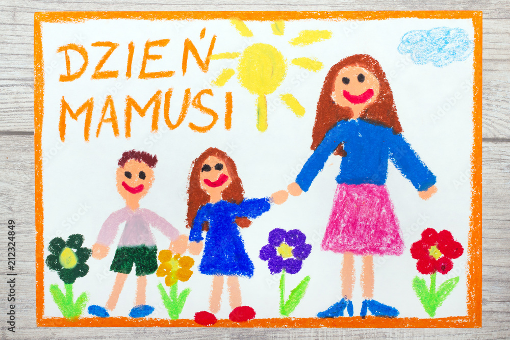 Kolorowy ręczny rysunek przedstawiający laurkę na Dzień Matki  - obrazy, fototapety, plakaty 