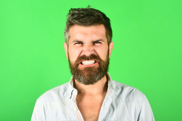 Wall Mural - Angry bearded man. Anger. Aggressive bearded man. Man with long beard and mustache. Feeling and emotions. Close Up. Emotions. Feelings. Facial expressions concept. Green background.