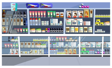 Wall Mural - Display with hair products vector illustration. Aisle, store, shelf, shampoo. Retail concept. Can be used for topics like pharmacy, supermarket, beauty care