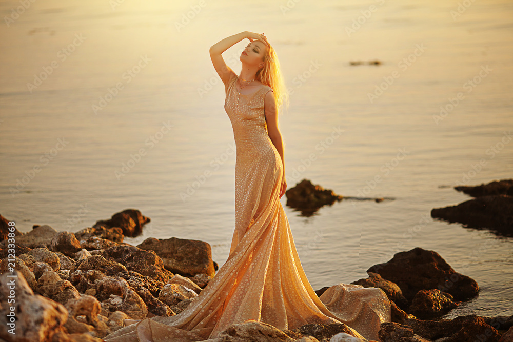 Sexy girl with long wet hair in elegant dress posing beside a sea Stock ...