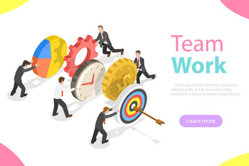 Flat isometric vector concept of effective teamwork, business team, brainstorm.