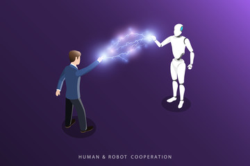 flat isometric vector concept of robot and human cooperation, artificial intelligence, business auto