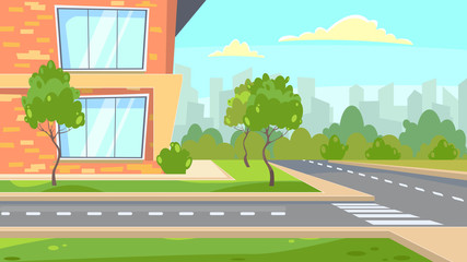 School building near road vector illustration. Green trees around brick building. City illustration