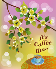 Canvas Print - Banner spring leaves blooming cherry blossom. Coffee on the table in the spring. Time to drink coffee.