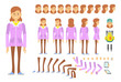 Student girl character creative set with different poses, gestures, emotions. Animation constructor, changeable parts, front, back and side view. Can be used for topics like tourism, school, college
