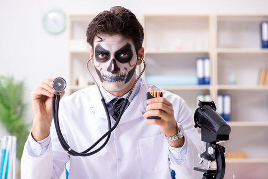 Scary monster doctor working in lab