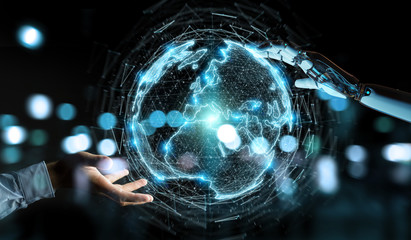 Wall Mural - White humanoid hand using globe network hologram with Europe map 3D rendering