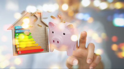 Wall Mural - businesswoman saving money with good energy chart rating 3d rendering