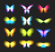 Butterfly Isolated Logos Set. Bright Colorfull Butterflies Wings, Dynamic Movement, Blurred Effect Icons Set. Abstract Vector Logotypes On Black Background