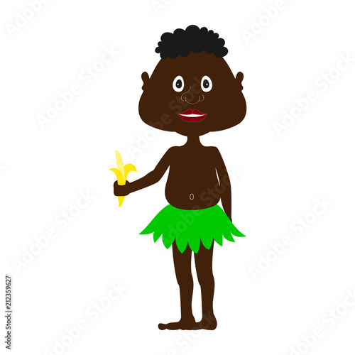 Fényképezés Papuan in green loincloth holding banana in his hand