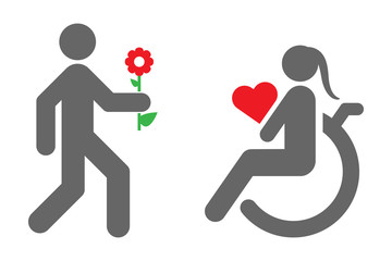 Canvas Print - Silhouette of man with flower in his hand and silhouette of disabled woman in wheelchair who is holding red heart. Concept of International Day of Persons with Disabilities. Vector.