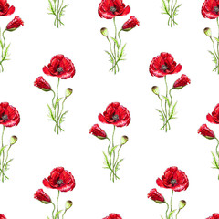 Poster - Floral seamless pattern with red poppies. Imitation of watercolor. Drawing with alcohol markers.