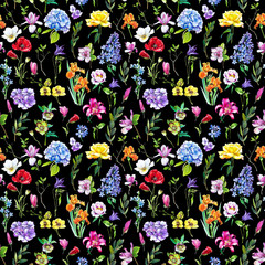 Poster - Multi-floral seamless pattern with different flowers. Bright and colorful illustration of a hydrangea, lilac, rose, orchid and other flowers on a black background.