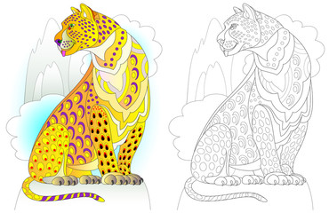 Wall Mural - colorful and black and white pattern for coloring. illustration of fairyland leopard. worksheet for 