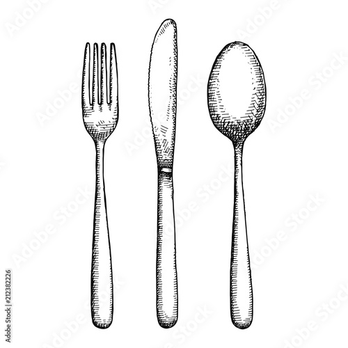 Fotomural cutlery hand drawing vector. isolated spoon fork and knife