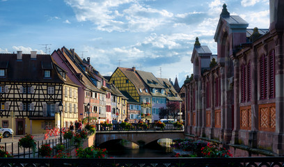 Little Venice with bridges and market in Colmar city center, France