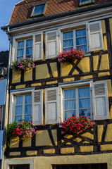 Decorated with flowers timber framing house in Colmar, France