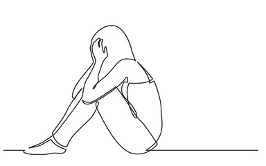 Wall Mural - continuous line drawing of woman sitting on floor in despair