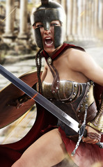 Wall Mural - Fighting with valor , a Spartan female is engaged in battle defending her homeland .3d rendering 