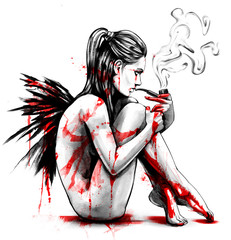 Wall Mural - The fallen angel sits in the blood and Smoking