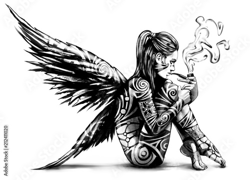 Naked Angel Sitting And Smoking A Pipe Stock Illustration Adobe Stock