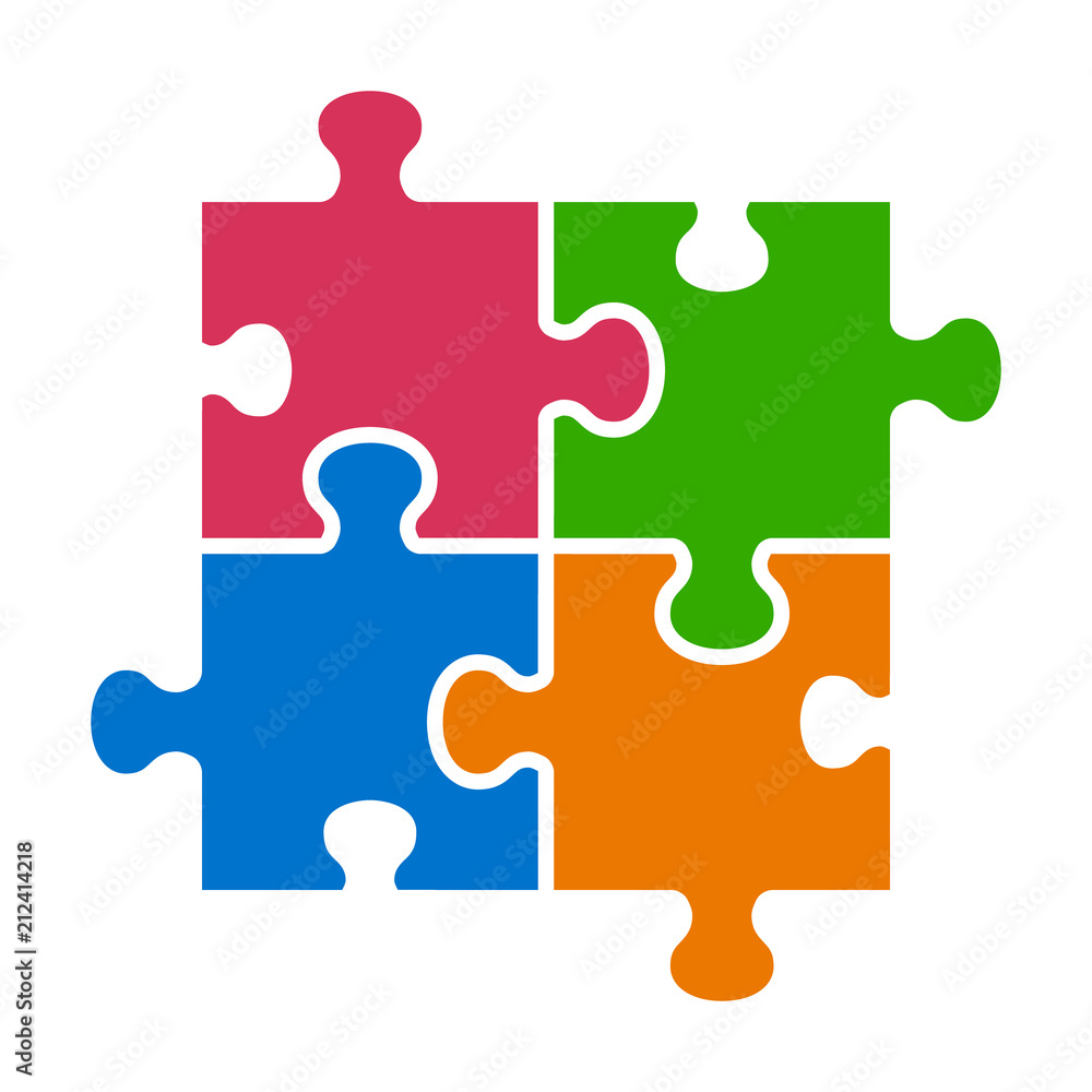 Four pieces of jigsaw puzzle or teamwork concept flat vector color icon ...