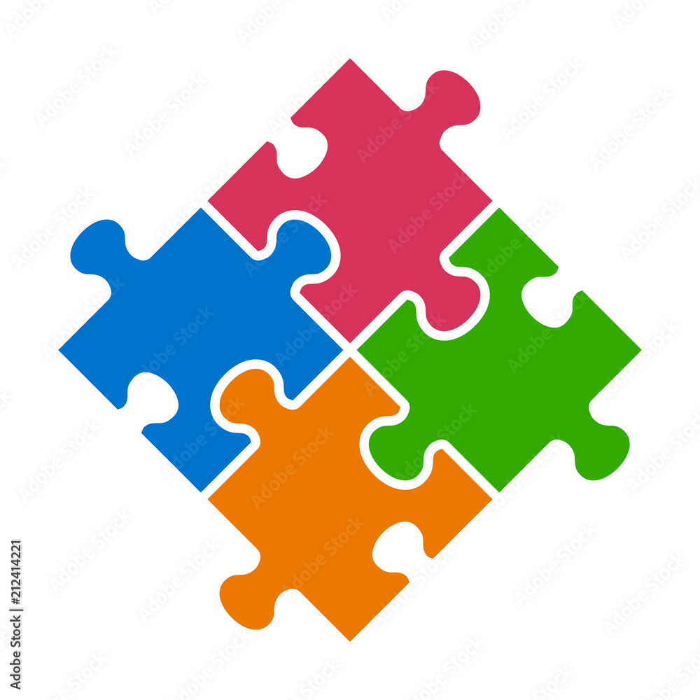 Rotated four pieces of jigsaw puzzle or teamwork concept flat vector ...
