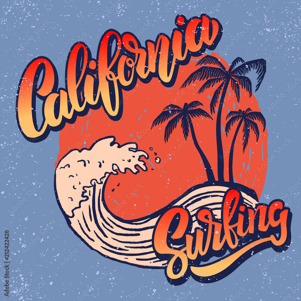 California surf rider. Poster template with lettering and palms. - obrazy, fototapety, plakaty 
