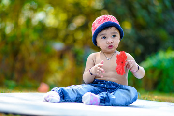 Wall Mural - Cute indian baby boy playing at garden