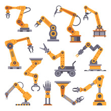 Robotic Arms Set. Manufacturing Automation Technology. Industrial Robot Arm Machine. Factory Assembly Robots Flat Design Vector Set