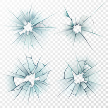 Broken Glass. Cracked Texture On Mirror, Smashed Windows Or Damaged Car Windshield. Realistic Crack Hole Vector Set