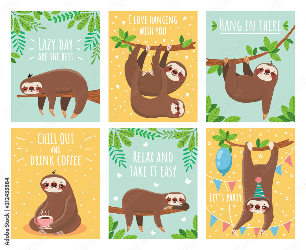 Greeting card with lazy sloth. Cartoon cute sloths cards with motivation and congratulation text. Slumber animals illustration set - obrazy, fototapety, plakaty 
