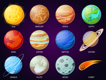 Cartoon Solar System Planets. Astronomical Observatory Planet, Meteor And Star. Astronomy Vector Icons Set