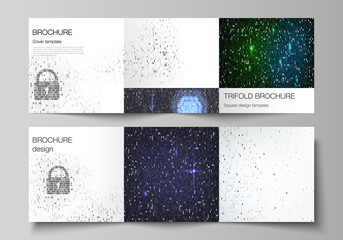 The minimal vector layout of two square format covers design templates for trifold square brochure, flyer. Binary code background. AI, big data, coding or hacker concept, digital technology background