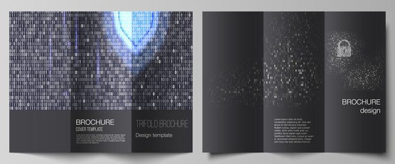 The minimal vector layouts. Modern creative covers design templates for trifold brochure or flyer. Binary code background. AI, big data, coding or hacker concept, digital technology background.
