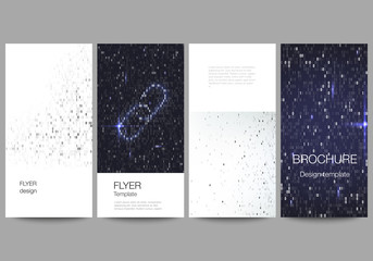 The minimalistic vector illustration of the editable layout of flyer, banner design templates. Binary code background. AI, big data, coding or hacker concept, digital technology background.
