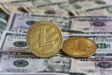 Two Gold Coins LITECOIN On Banknotes, Blurred Background, Close-up