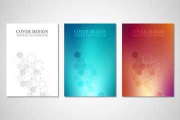 Vector covers or brochure for medicine, science and digital technology. Geometric abstract background with hexagons pattern. Molecular structure and chemical compounds.