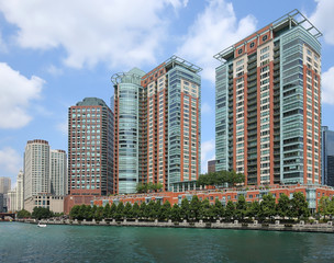 Wall Mural - Water view of Chicago Riverwalk lined with rows of condominiums and beautiful landscaping.