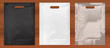 Quality Plastic Bags on wooden background,white,black,transparent plastic bag.Mockup set of Realistic Shopping Bag for branding and corporate identity design.Vector set mock up.