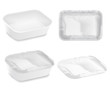 Vector white plastic container for food products on white background.Empty wrapped food tray.Top, side and perspective views isolated over the white background. 3D Packaging template illustration.