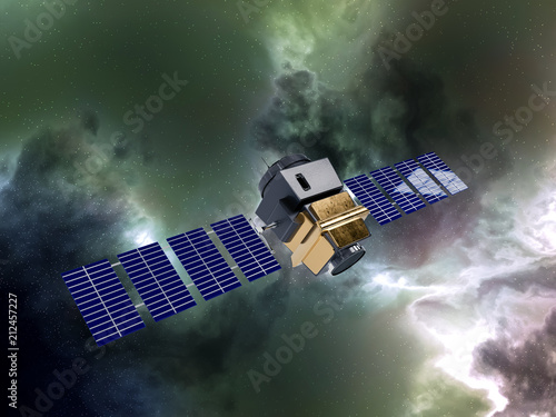 Cuadros en Lienzo artificial satellite concept 3D rendering in the space green nebula