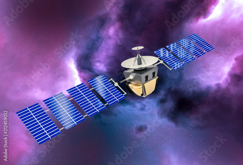 Fotografía artificial satellite concept 3D rendering in the space purple nebula