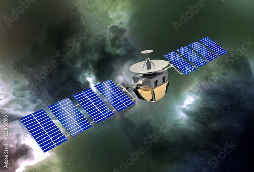 Fotomural artificial satellite concept 3D rendering in the space green nebula